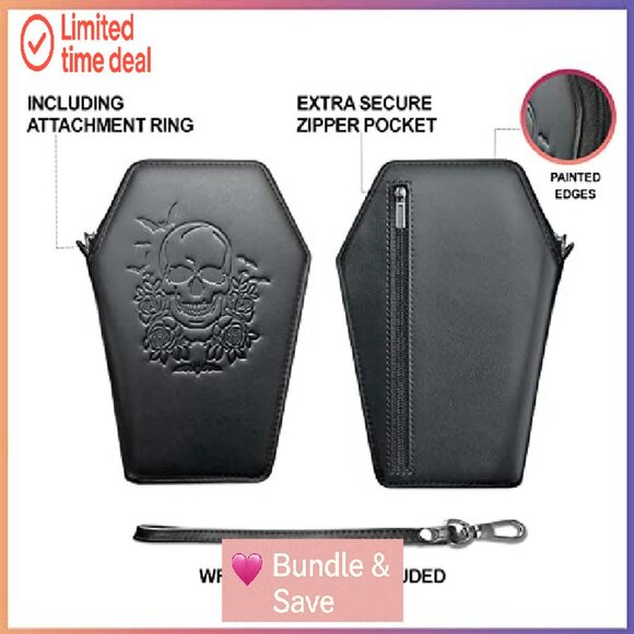 Gothic Coffin Wallet with Wristlet Strap, Vegan Faux Leather, 6 Compartments - Picture 5 of 7